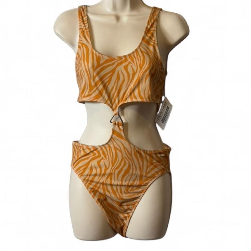 Nia Lynn Orange Zebra Print‎ Cut Out One Piece Swimsuit, Women's Size M
